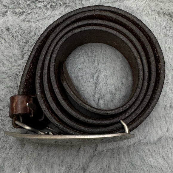Vintage 90s Leather Statement Belt Western Festival Rodeo Silver Buckle Brown - Picture 4 of 13